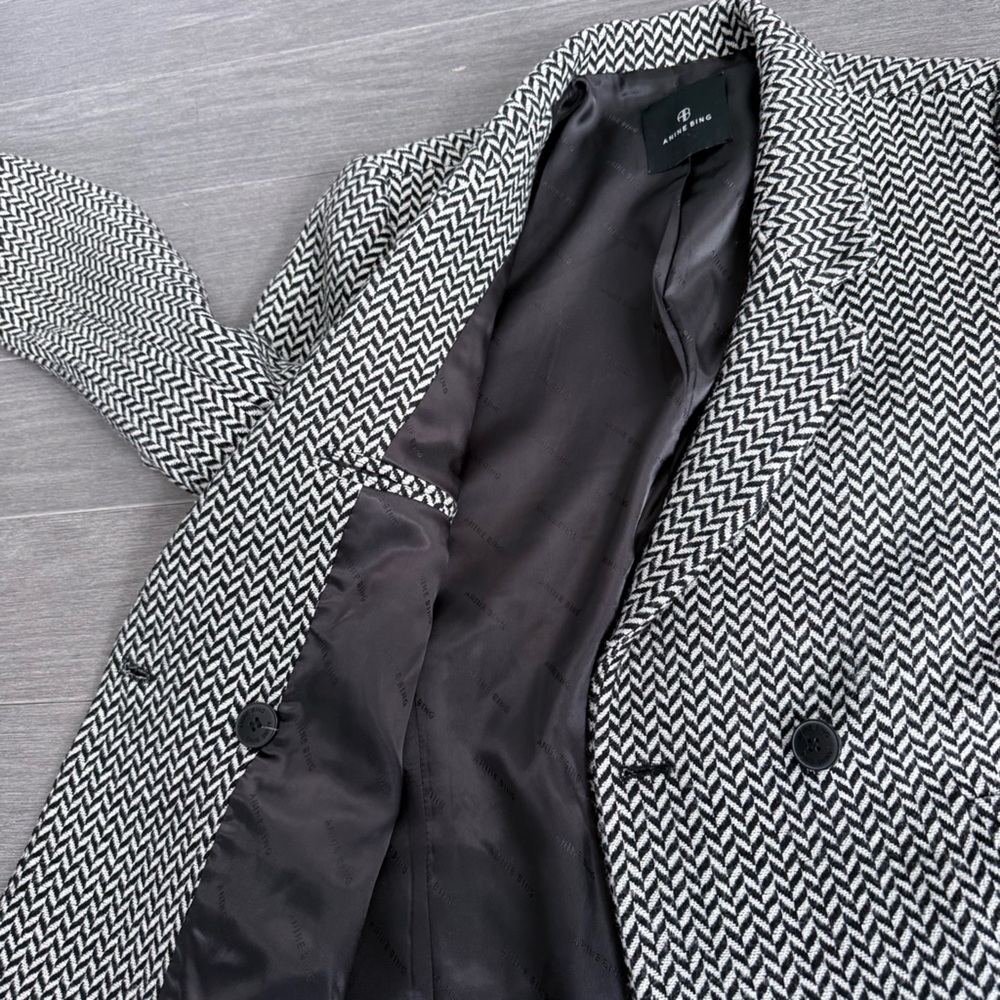 Anine Bing Fishbone Herringbone Blazer L Oversized Wool Blend Double Breasted - Picture 13 of 16